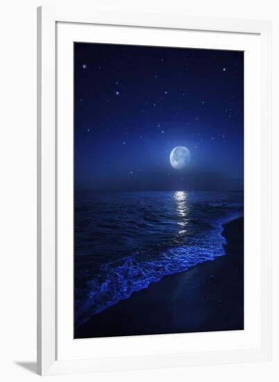 Tranquil Ocean at Night Against Starry Sky and Moon-null-Framed Photographic Print