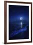 Tranquil Ocean at Night Against Starry Sky and Moon-null-Framed Photographic Print