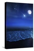 Tranquil Ocean at Night Against Starry Sky, Moon and Falling Meteorite-null-Stretched Canvas