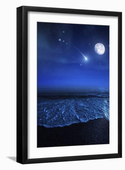 Tranquil Ocean at Night Against Starry Sky, Moon and Falling Meteorite-null-Framed Premium Photographic Print