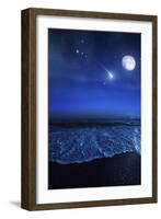 Tranquil Ocean at Night Against Starry Sky, Moon and Falling Meteorite-null-Framed Photographic Print