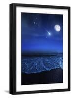 Tranquil Ocean at Night Against Starry Sky, Moon and Falling Meteorite-null-Framed Photographic Print