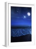 Tranquil Ocean at Night Against Starry Sky, Moon and Falling Meteorite-null-Framed Photographic Print