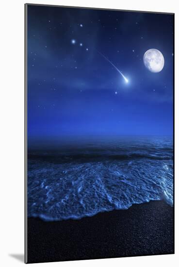 Tranquil Ocean at Night Against Starry Sky, Moon and Falling Meteorite-null-Mounted Photographic Print