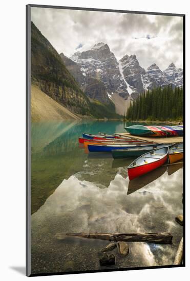 Tranquil setting of rowing boats on Moraine Lake, Banff National Park, UNESCO World Heritage Site, -Frank Fell-Mounted Photographic Print