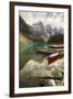 Tranquil setting of rowing boats on Moraine Lake, Banff National Park, UNESCO World Heritage Site, -Frank Fell-Framed Photographic Print