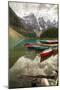 Tranquil setting of rowing boats on Moraine Lake, Banff National Park, UNESCO World Heritage Site, -Frank Fell-Mounted Photographic Print