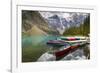 Tranquil setting of rowing boats on Moraine Lake, Banff National Park, UNESCO World Heritage Site,-Frank Fell-Framed Photographic Print