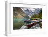 Tranquil setting of rowing boats on Moraine Lake, Banff National Park, UNESCO World Heritage Site,-Frank Fell-Framed Photographic Print