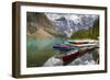 Tranquil setting of rowing boats on Moraine Lake, Banff National Park, UNESCO World Heritage Site,-Frank Fell-Framed Photographic Print