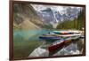 Tranquil setting of rowing boats on Moraine Lake, Banff National Park, UNESCO World Heritage Site,-Frank Fell-Framed Photographic Print