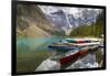 Tranquil setting of rowing boats on Moraine Lake, Banff National Park, UNESCO World Heritage Site,-Frank Fell-Framed Photographic Print