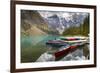 Tranquil setting of rowing boats on Moraine Lake, Banff National Park, UNESCO World Heritage Site,-Frank Fell-Framed Photographic Print
