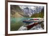 Tranquil setting of rowing boats on Moraine Lake, Banff National Park, UNESCO World Heritage Site,-Frank Fell-Framed Photographic Print