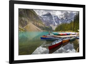 Tranquil setting of rowing boats on Moraine Lake, Banff National Park, UNESCO World Heritage Site,-Frank Fell-Framed Photographic Print