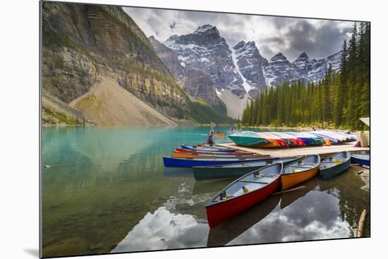 Tranquil setting of rowing boats on Moraine Lake, Banff National Park, UNESCO World Heritage Site,-Frank Fell-Mounted Photographic Print