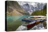 Tranquil setting of rowing boats on Moraine Lake, Banff National Park, UNESCO World Heritage Site,-Frank Fell-Stretched Canvas