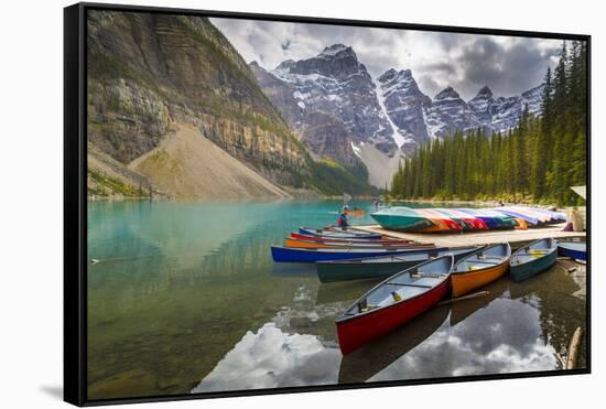 Tranquil setting of rowing boats on Moraine Lake, Banff National Park, UNESCO World Heritage Site,-Frank Fell-Framed Stretched Canvas
