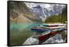 Tranquil setting of rowing boats on Moraine Lake, Banff National Park, UNESCO World Heritage Site,-Frank Fell-Framed Stretched Canvas