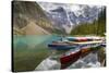 Tranquil setting of rowing boats on Moraine Lake, Banff National Park, UNESCO World Heritage Site,-Frank Fell-Stretched Canvas