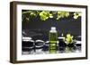 Tranquil Spa Scene - Massage Oil and Candle on Black Stones with Green Orchid-crystalfoto-Framed Photographic Print