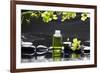 Tranquil Spa Scene - Massage Oil and Candle on Black Stones with Green Orchid-crystalfoto-Framed Photographic Print
