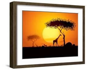 Tranquil Sunset Scene In Africa. Silhouette Animals And Trees In Africa Sunset Background-ori-artiste-Framed Art Print