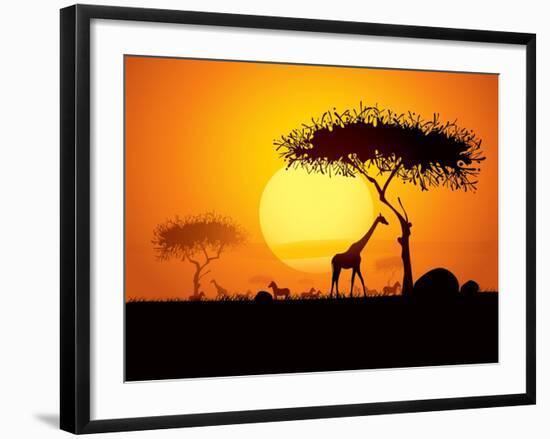 Tranquil Sunset Scene In Africa. Silhouette Animals And Trees In Africa Sunset Background-ori-artiste-Framed Art Print