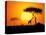 Tranquil Sunset Scene In Africa. Silhouette Animals And Trees In Africa Sunset Background-ori-artiste-Stretched Canvas