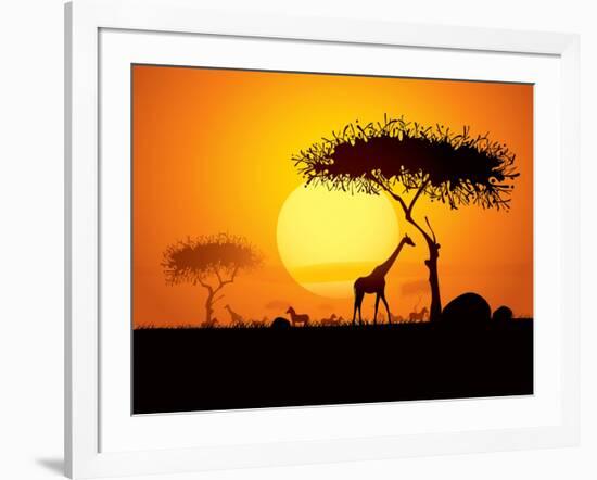 Tranquil Sunset Scene In Africa. Silhouette Animals And Trees In Africa Sunset Background-ori-artiste-Framed Art Print