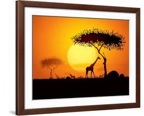 Tranquil Sunset Scene In Africa. Silhouette Animals And Trees In Africa Sunset Background-ori-artiste-Framed Art Print