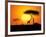 Tranquil Sunset Scene In Africa. Silhouette Animals And Trees In Africa Sunset Background-ori-artiste-Framed Art Print