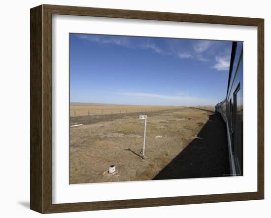 Trans-Mongolian Train Travelling Through the Gobi Desert En Route to Ulaan Baatar, Mongolia-Andrew Mcconnell-Framed Photographic Print