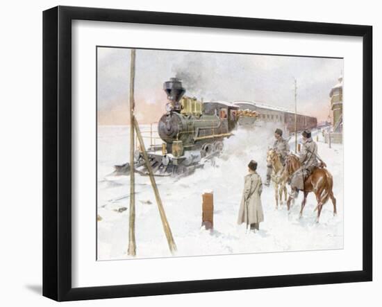 Trans-Siberian Railway Train Pulling Out of Station in Snowy Landscape-null-Framed Photographic Print