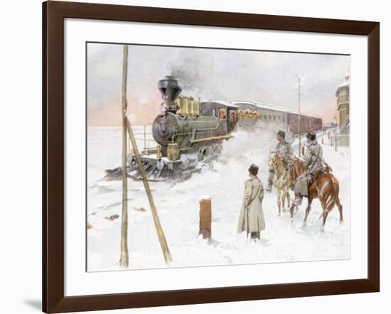 Trans-Siberian Railway Train Pulling Out of Station in Snowy Landscape-null-Framed Photographic Print