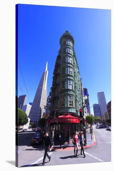 Transamerica Pyramid with Columbus Tower on Columbus Avenue, North Beach, San Francisco-null-Stretched Canvas