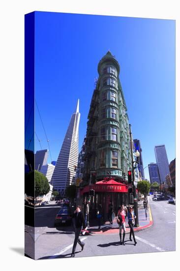 Transamerica Pyramid with Columbus Tower on Columbus Avenue, North Beach, San Francisco-null-Stretched Canvas