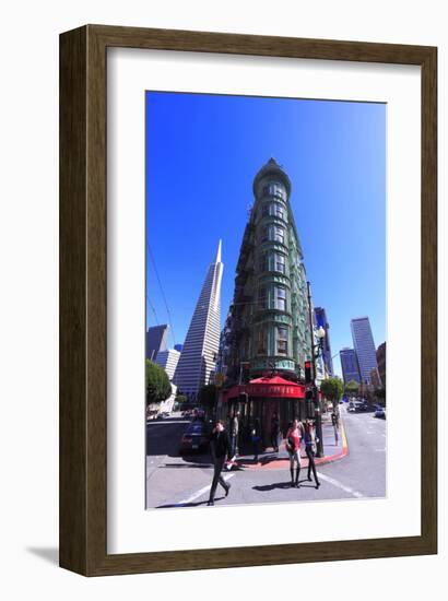 Transamerica Pyramid with Columbus Tower on Columbus Avenue, North Beach, San Francisco-null-Framed Art Print