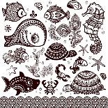 Vector Set of Fish, Shells and Flowers with Ornaments-transiastock-Art Print