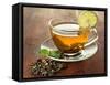 Transparent Cup of Green Tea with Lime on Wooden Background-Yastremska-Framed Stretched Canvas