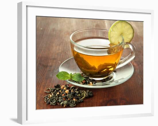 Transparent Cup of Green Tea with Lime on Wooden Background-Yastremska-Framed Photographic Print