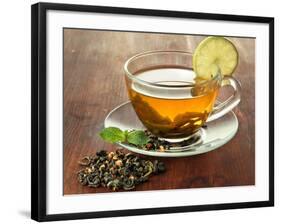 Transparent Cup of Green Tea with Lime on Wooden Background-Yastremska-Framed Photographic Print