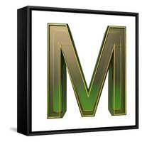 Transparent Emerald Green Alphabet With Gold Edging, 3D Letter M Isolated On White-Andriy Zholudyev-Framed Stretched Canvas