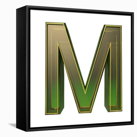 Transparent Emerald Green Alphabet With Gold Edging, 3D Letter M Isolated On White-Andriy Zholudyev-Framed Stretched Canvas