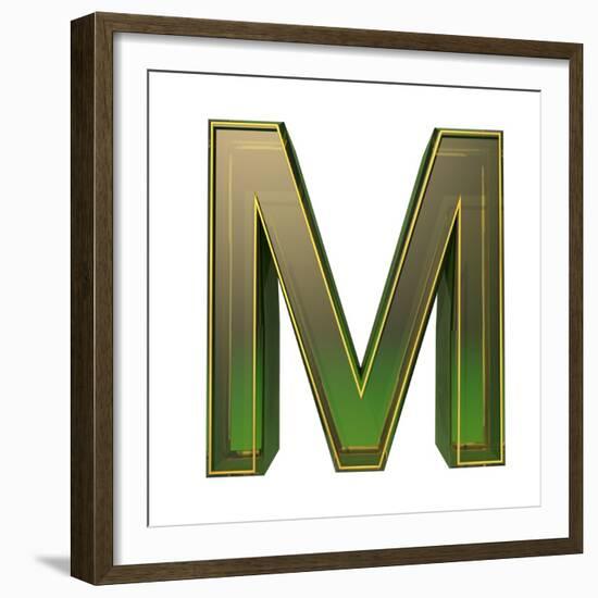 Transparent Emerald Green Alphabet With Gold Edging, 3D Letter M Isolated On White-Andriy Zholudyev-Framed Premium Giclee Print