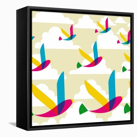 Transparent Multicolored Birds Pattern-cienpies-Framed Stretched Canvas