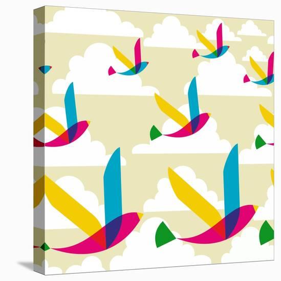 Transparent Multicolored Birds Pattern-cienpies-Stretched Canvas