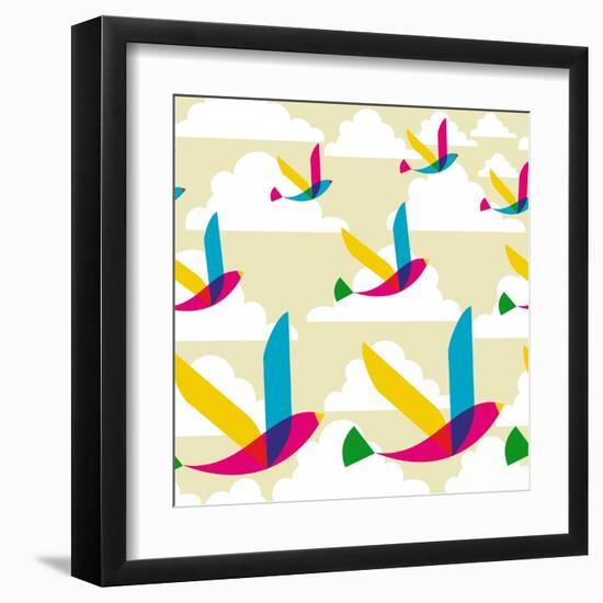 Transparent Multicolored Birds Pattern-cienpies-Framed Art Print