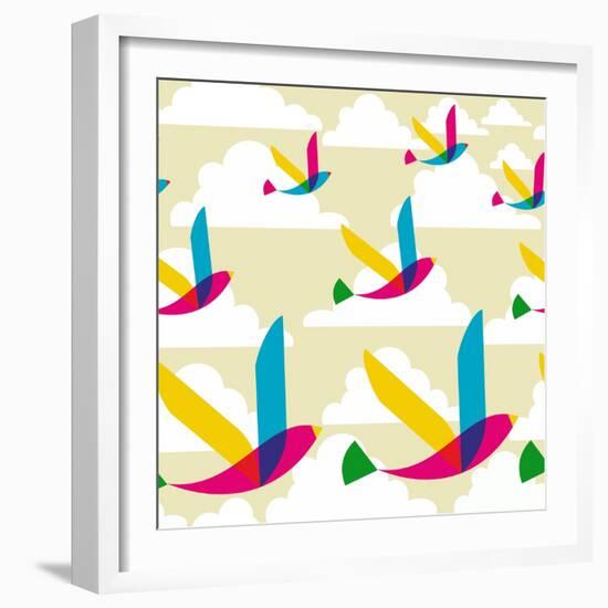 Transparent Multicolored Birds Pattern-cienpies-Framed Art Print