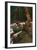 Trappers Running Rapids on a Wilderness River, circa 1900-null-Framed Giclee Print